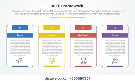 RICE scoring model framework infographic concept for slide presentation with big outline table box and strong header with 4 point list with flat style vector