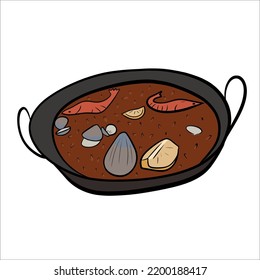 rice with seafood. paella. risotto. Cute hand drawn. spanish food. Restaurant menu. cartoon style. traditional dish