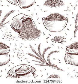 Rice Seamless Pattern. Hand Drawn Bowl With Rice Grains And Paddy Ears Vector Japanese Texture