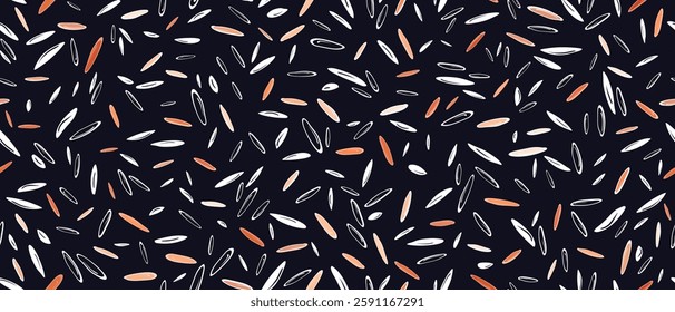 Rice seamless pattern. White and brown grains. Vector cereal print on black backdrop. Agroculture harvest. Graphic dots abstract design for food package and flour