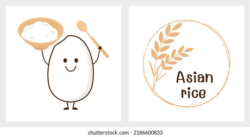 Rice Seed Cartoon, Rice Bowl, Rice Plant Circle Sign Isolated On White Background Vector Illustration. 