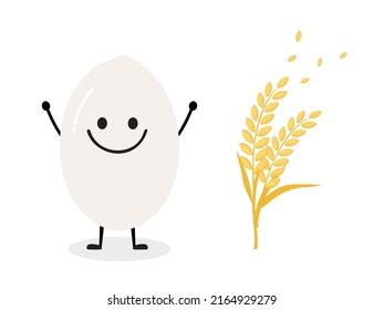 Rice Seed Cartoon And Rice Plant Isolated On White Background Vector Illustration.