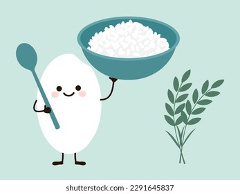 Caricatura de semillas de arroz con cuchara, tazón de arroz y símbolo de planta de arroz sobre el vector de fondo verde. Comida de dibujos animados.