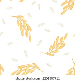 Rice seed and plant seamless pattern. Vector background with cereals and ears on white. Cartoon flat illustration.