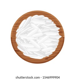 rice seed raw on circle wood plate, isolated on white, grains rice and paddy seed on wooden tray, pile rice grains, illustration rice barley white seed macro concept, vegetarian food for clip art