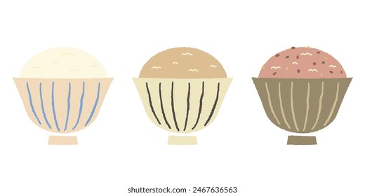 Rice served in three different bowls. White rice, brown rice and cereal rice. Flat vector isolated on white background.