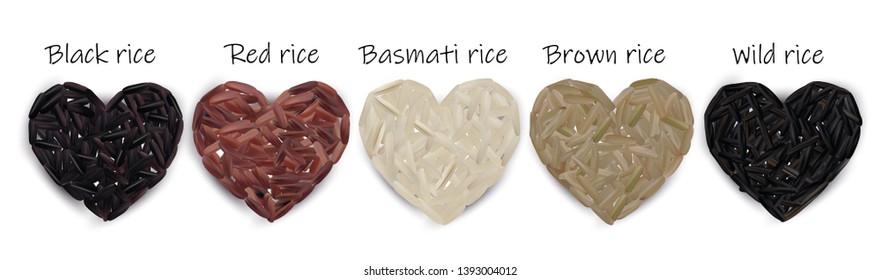 Rice set, black, red, basmati, brown, wild. Vector illustration isolated on white background.