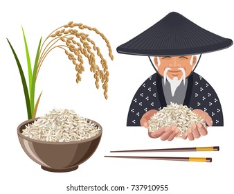 Rice set with a farmer. Vector illustration isolated on a white background