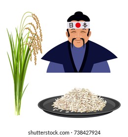 Rice set with a japanese farmer. Vector illustration isolated on a white background