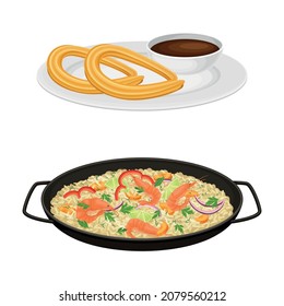 Rice with Shrimp and Herbs in Pan and Churros Pastry with Chocolate as Spanish Cuisine Dish Vector Set