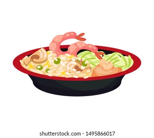 Rice with shrimp in a plate. Vector illustration on a white background.
