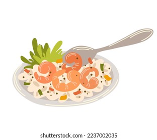 Rice with shrimp and vegetables. Asian Food. Perfect for restaurant cafe and print menus. Vector hand draw cartoon illustration. 