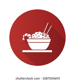 Rice with shrimps flat design long shadow glyph icon. Chinese fried rice in bowl and chopsticks. Vector silhouette illustration