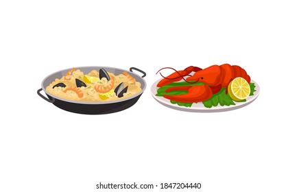 Rice with Shrimps and Herbs Served in Pan and Lobster as Spanish Cuisine Dish Vector Set