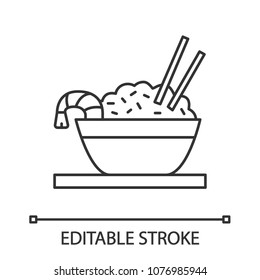 Rice with shrimps linear icon. Thin line illustration. Chinese fried rice in bowl and chopsticks. Contour symbol. Vector isolated outline drawing. Editable stroke