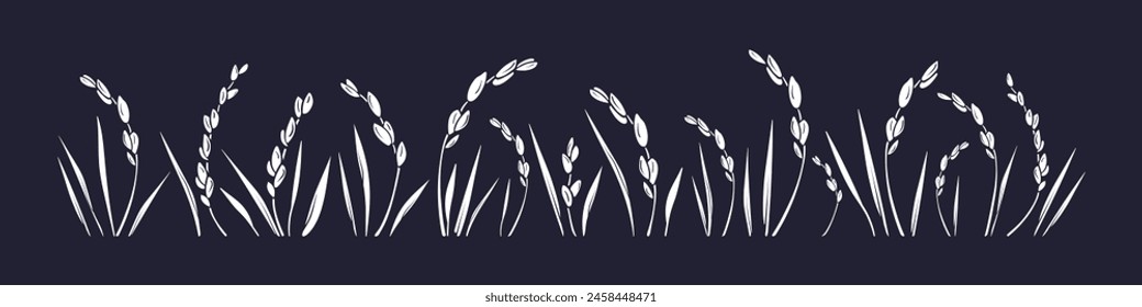 Rice silhouette, white grain. Form of spikelets in soil. Brown paddy, basmati. Organic farm elements. Vector field for label, package. Traditional food in asian countries