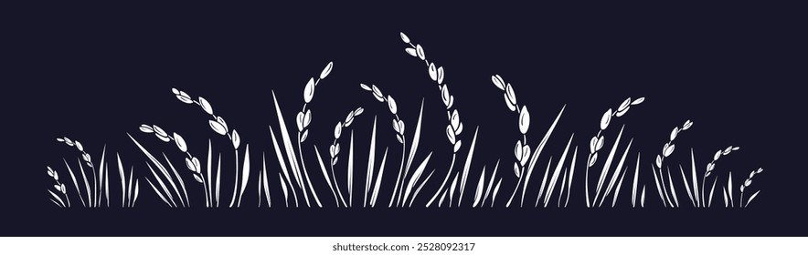 Rice silhouette, white grain. Traditional organic food in asian countries, cereal porridge, vegan milk, gluten free flour. Vector border for package design on black background