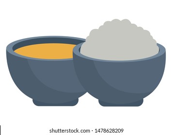 Rice and sou in bowls food cartoon ,vector illustration graphic design.