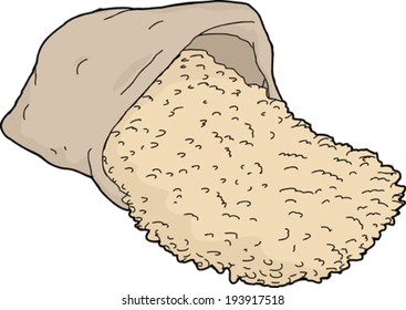 Rice spilling out of full back on white background
