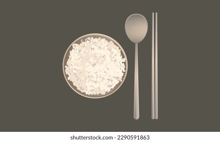 Rice, steamed rice, spoon, chopsticks, Korean food, Korean cuisine vector illustration