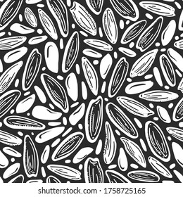 Reis, Sonnenblumenkerne. Vektornahtloses Muster. Organischer grafischer Hintergrund. Abstrakte weiße Textur auf schwarzem Hintergrund. Natürliche Nahrung. Handgezeichnete Illustration. Gesunde Pflanze, veganische Milch