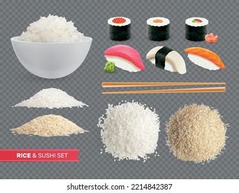 Arroz y sushi conjunto realista de rollos con sushi de caviar con trozos de salmón de arroz blanco y marrón sobre fondo transparente ilustración vectorial aislada