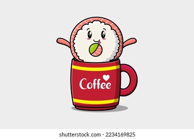 Rice sushi rolls sashimi cute character illustration in a coffee cup in flat modern design