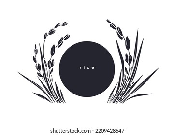 Rice template. Vector paddy field, grains on white background. Graphic logo, texture landscape