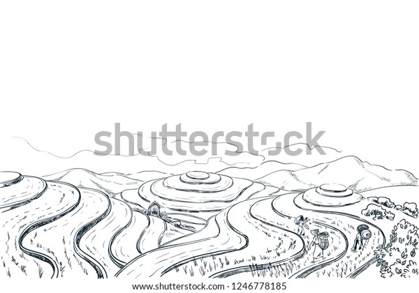 Rice terrace fields, vector sketch landscape\
illustration. Asian harvesting agriculture vintage background.\
China rural nature view.
