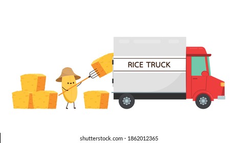 Rice truck cartoon. Rice character design. rice vector on white background. Wheat straw.