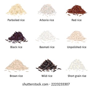 Rice types flat set of isolated images with piles of rice grits with editable text captions vector illustration