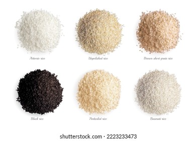 Rice varieties realistic collection of arborio unpolished brown short grain black parboiled basmati types isolated vector illustration