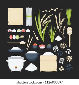 Rice vector flat icon set, Big collection of flat design of food, healthy eating objects, rice plantation and products isolated on the dark background, cute vector illustration with reflections