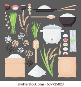 Rice vector flat icon set, Big collection of flat design of food, healthy eating objects, rice plantation and products isolated on the dark background, cute vector illustration with reflections