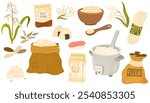 Rice vector icon set. Cereal products, various breakfast grains, stalks, boxes, and sacks with flour. Rice products: noodles, sushi, flour. Rice variety, plants from plantation, products. Vector