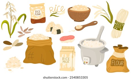 Conjunto de iconos de Vector de arroz. Productos de cereales, varios granos de desayuno, tallos, cajas y sacos con harina. Productos de arroz: fideos, sushi, harina. Variedad de arroz, plantas de plantación, productos. Vector