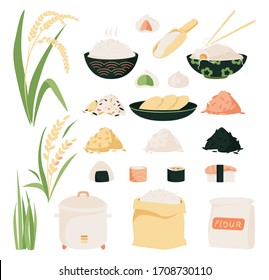 Rice vector icon set. Collection of icons of rice products: noodles, sushi, mochi rice cake, flour. Rice variety, plants from plantation and isolated products.