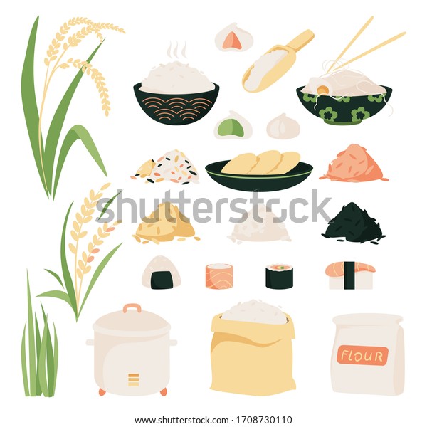 Rice vector icon set. Collection\
of icons of rice products: noodles, sushi, mochi rice cake, flour.\
Rice variety, plants from plantation and isolated\
products.