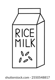 Rice Vegan milk. Box Carton packaging. Outline, Doodle, Line art. Vector flat illustration.