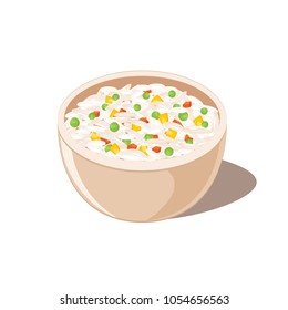 Rice with vegetables in a bowl isolated on white background. Vector illustration flat design