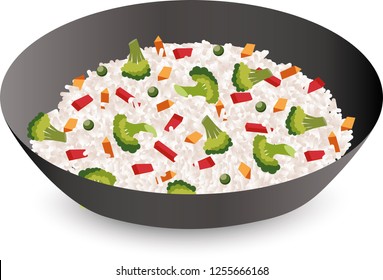 Rice with vegetables in a bowl isolated on white background. Vector illustration. Healthy food.