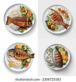 Rice and vegetables with fried fish with crust in an isolated white background 3D vector graphic for restaurant dish