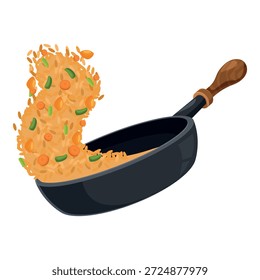 Arroz y verduras saltando en una sartén, ilustración del proceso de cocción