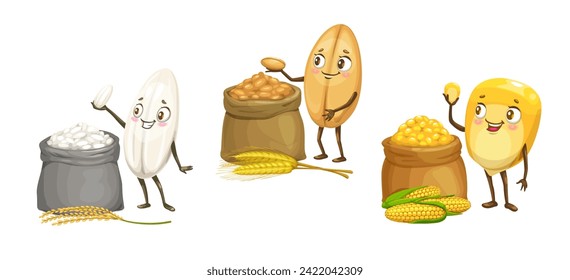 Rice, wheat and corn cartoon grain characters or funny cereal seed kernels, isolated vector. Cute corn wheat, oat or rye grain personages with harvest bags for bakery bread or organic food package