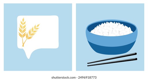 Rice or wheat icon sign and rice bowl with chopsticks on blue background vector. Cute cartoon food.