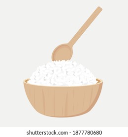 Rice in the wooden bowl and spoon icon isolated on white background vector illustration. Cute cartoon food.