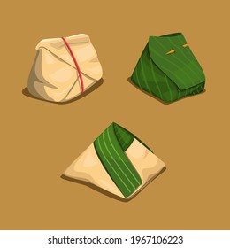 Rice Wrap In Banana Leaf And Paper Asian Traditional Food Symbol Concept In Cartoon Illustration Vector