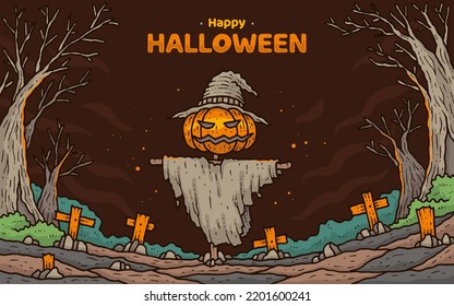 Ricefield pumpkin head illustration for halloween day backgroud