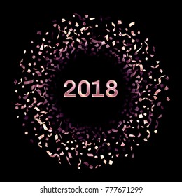 Rich 2018 New Year Card With Rose Gold Falling Confetti And Streamers. Foil Texture Pink Glitter Confetti Tinsels Falling Background, 2018 Greeting Card, Flyer Or Party Invitation Template Design.