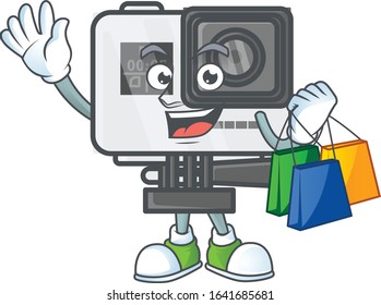 A rich action camera cartoon design waving and holding Shopping bag